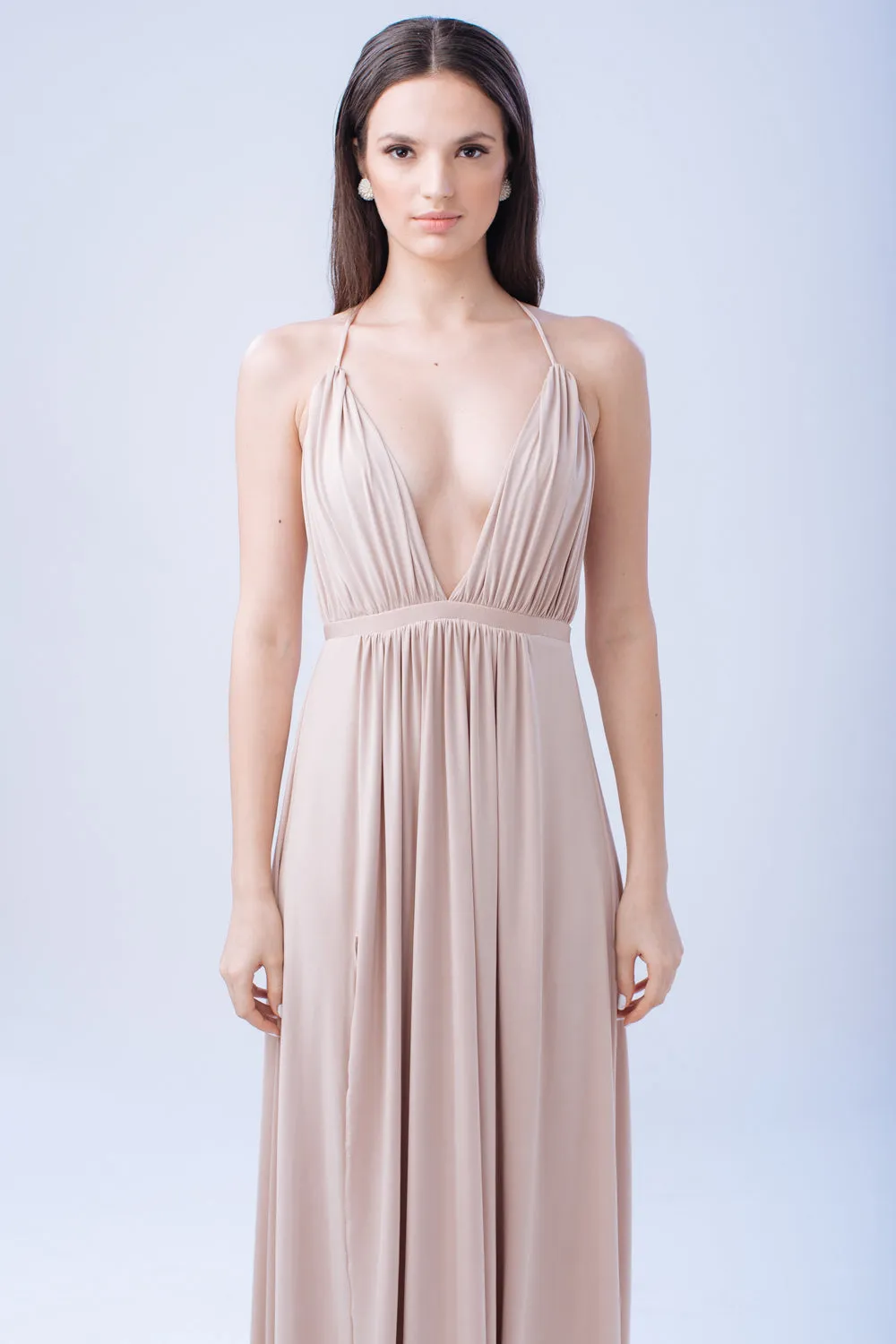 TO BE ADORED Plunge Front Crossed Back Maxi Dress with High Slit (Nude)