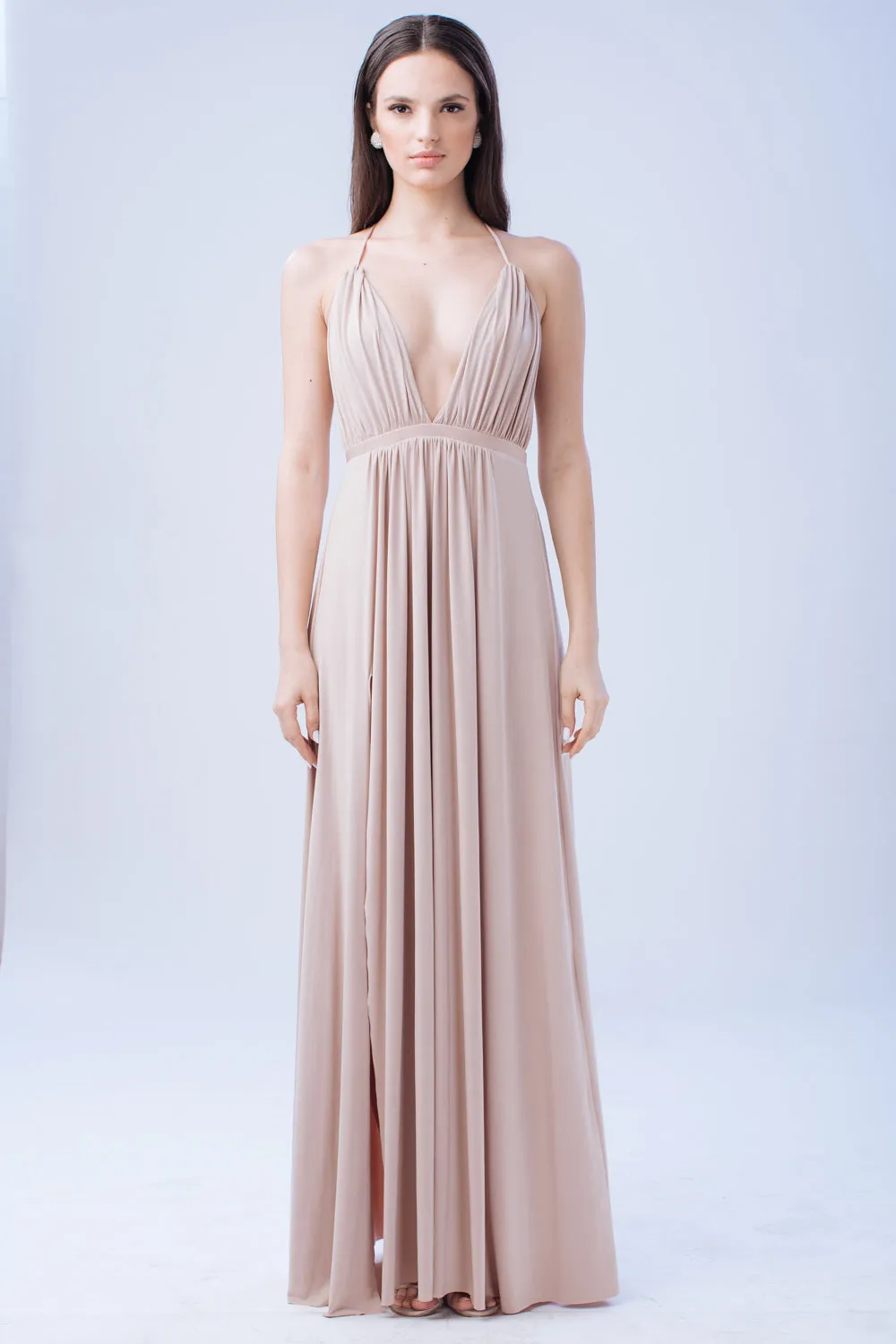 TO BE ADORED Plunge Front Crossed Back Maxi Dress with High Slit (Nude)