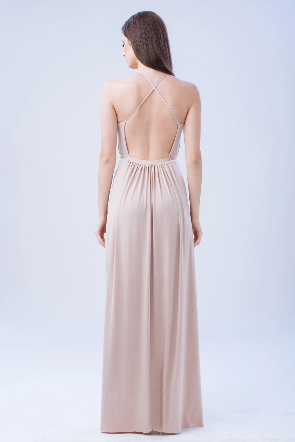 TO BE ADORED Plunge Front Crossed Back Maxi Dress with High Slit (Nude)