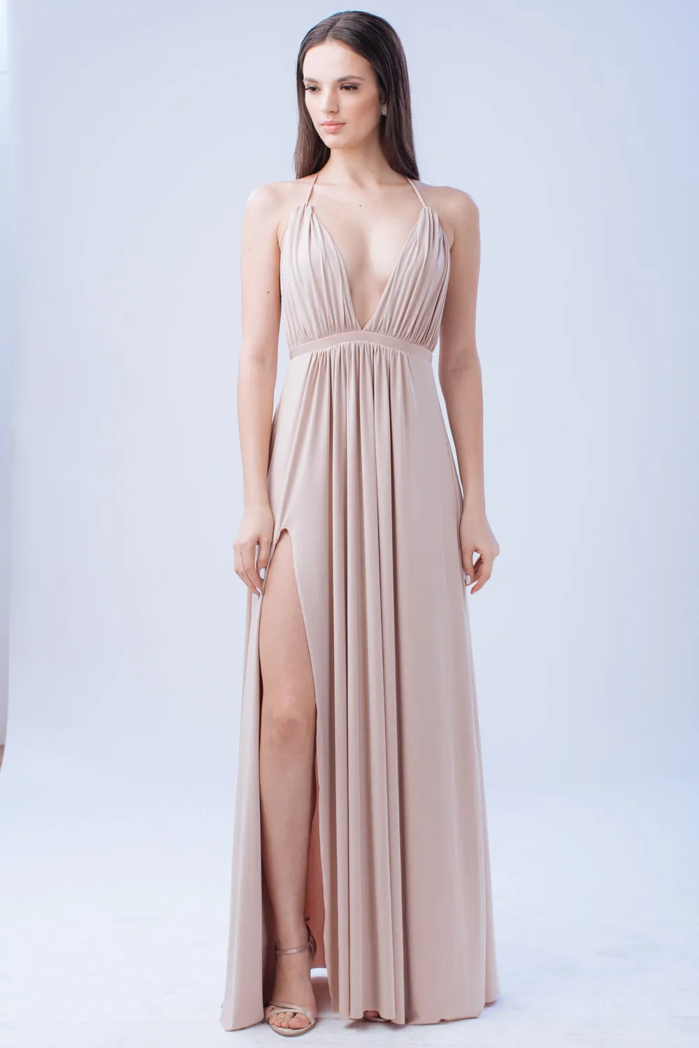 TO BE ADORED Plunge Front Crossed Back Maxi Dress with High Slit (Nude)