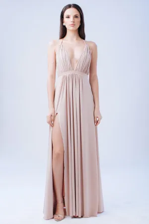 TO BE ADORED Plunge Front Crossed Back Maxi Dress with High Slit (Nude)
