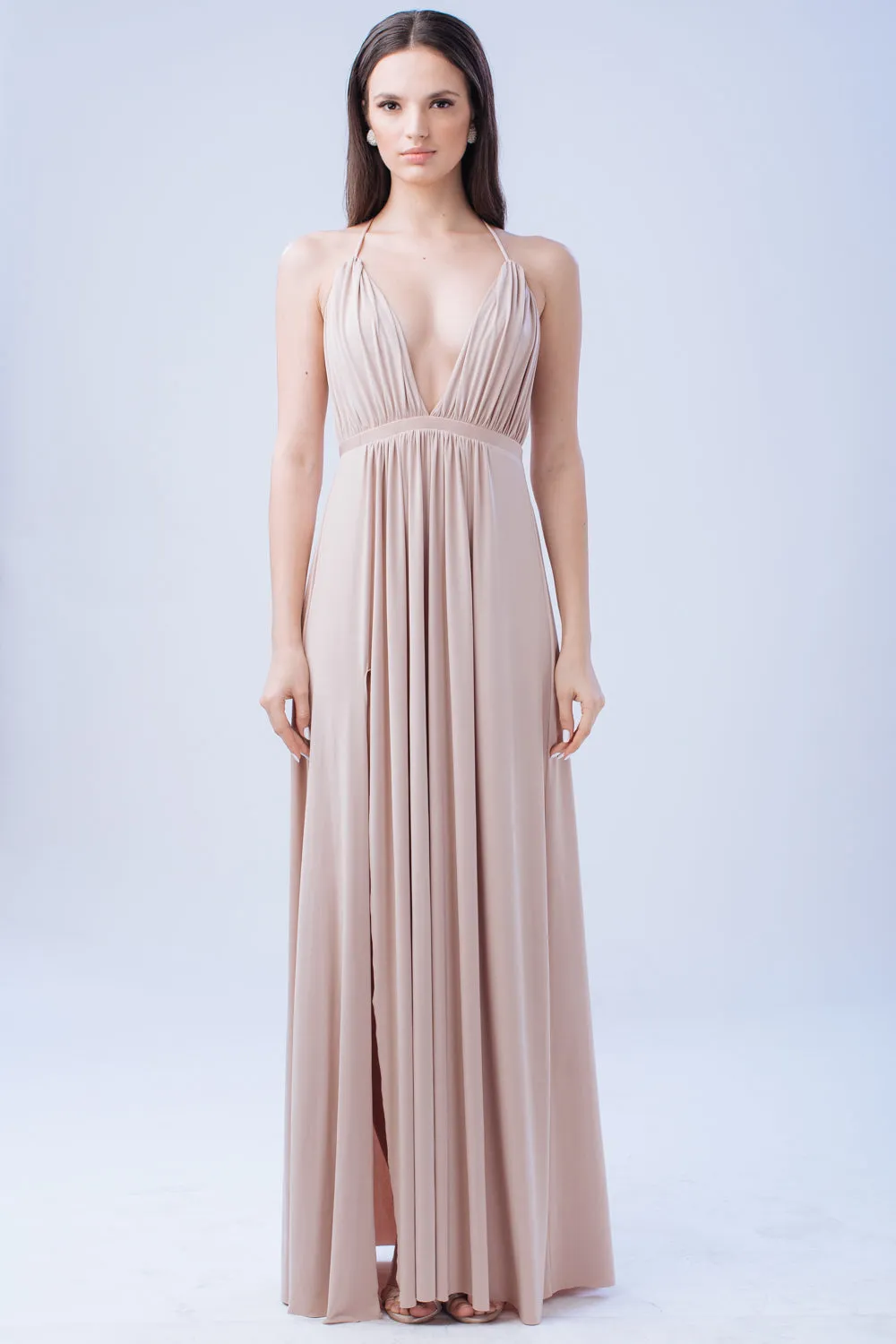 TO BE ADORED Plunge Front Crossed Back Maxi Dress with High Slit (Nude)
