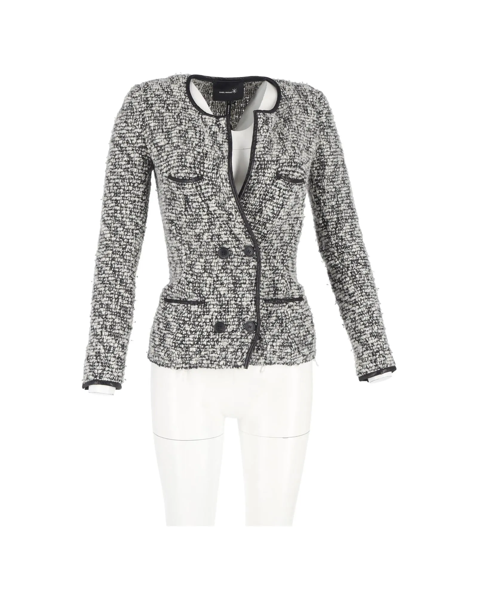 Tweed Double Breasted Jacket Leather Trim