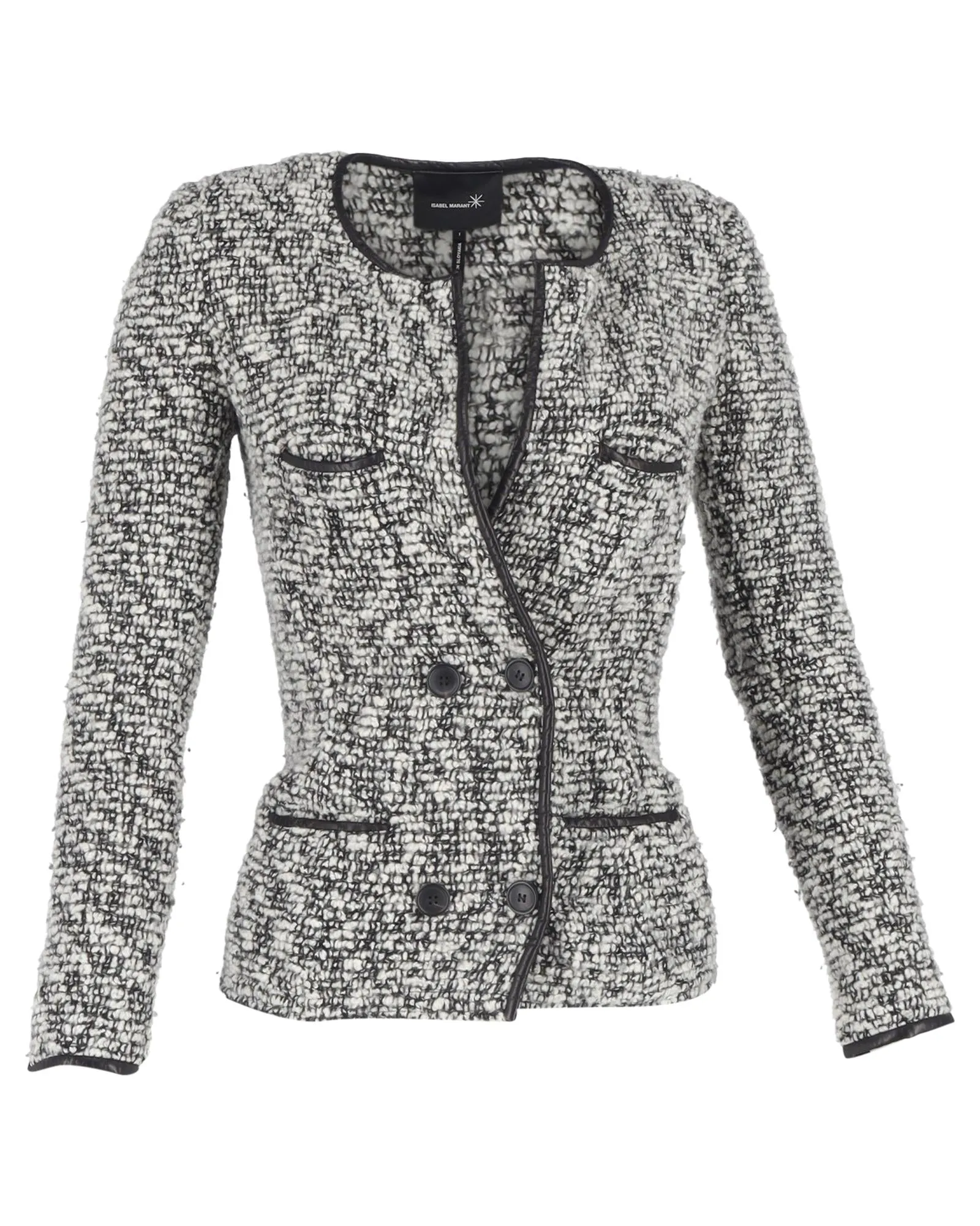 Tweed Double Breasted Jacket Leather Trim