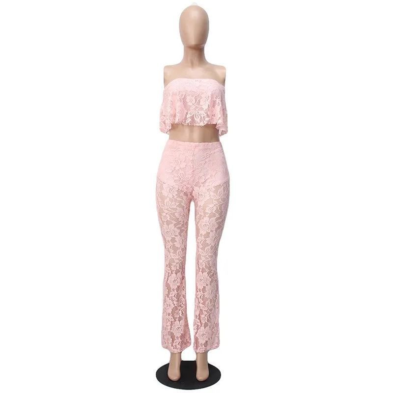 Two Piece Lace Floral Bodysuit Sleeveless Strapless Jumpsuit