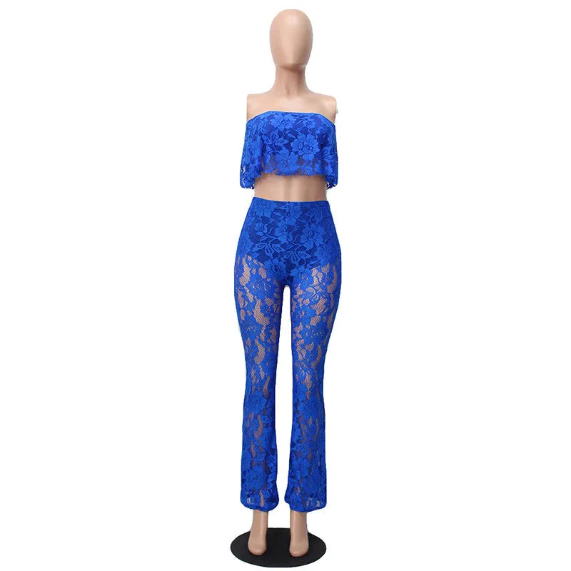 Two Piece Lace Floral Bodysuit Sleeveless Strapless Jumpsuit
