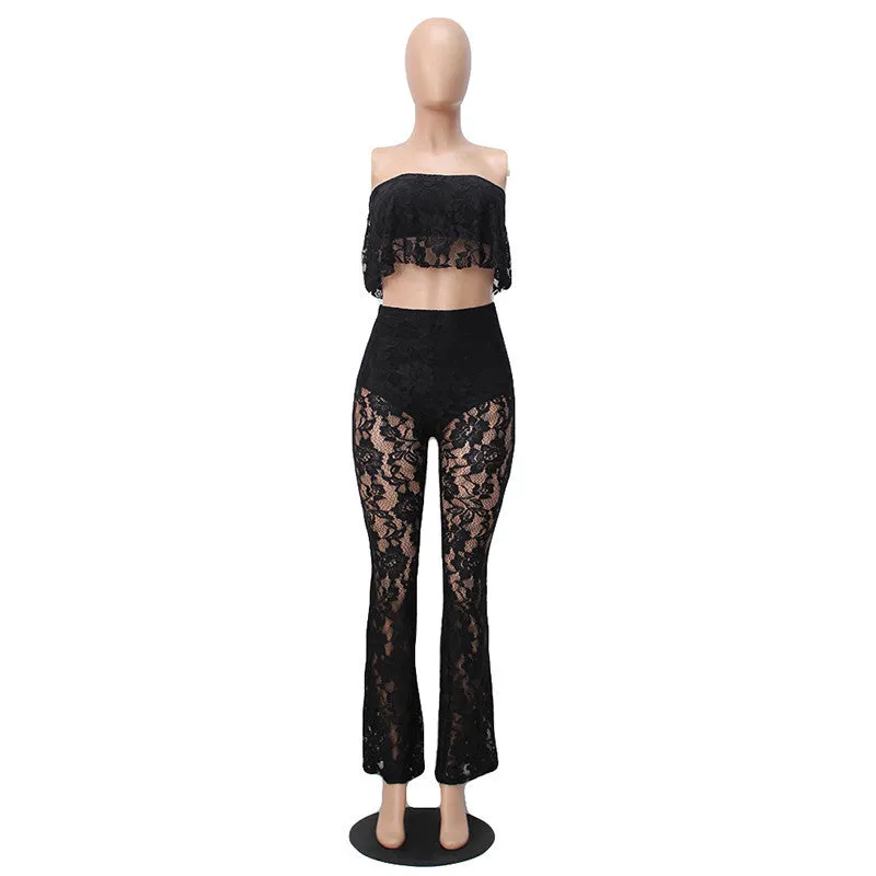 Two Piece Lace Floral Bodysuit Sleeveless Strapless Jumpsuit