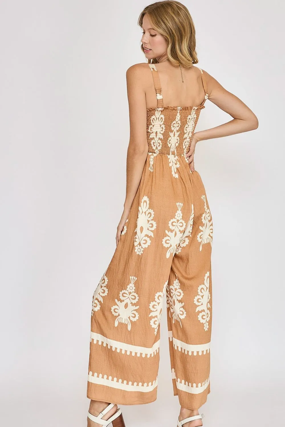 Umgee Smocked Printed Wide Leg Jumpsuit