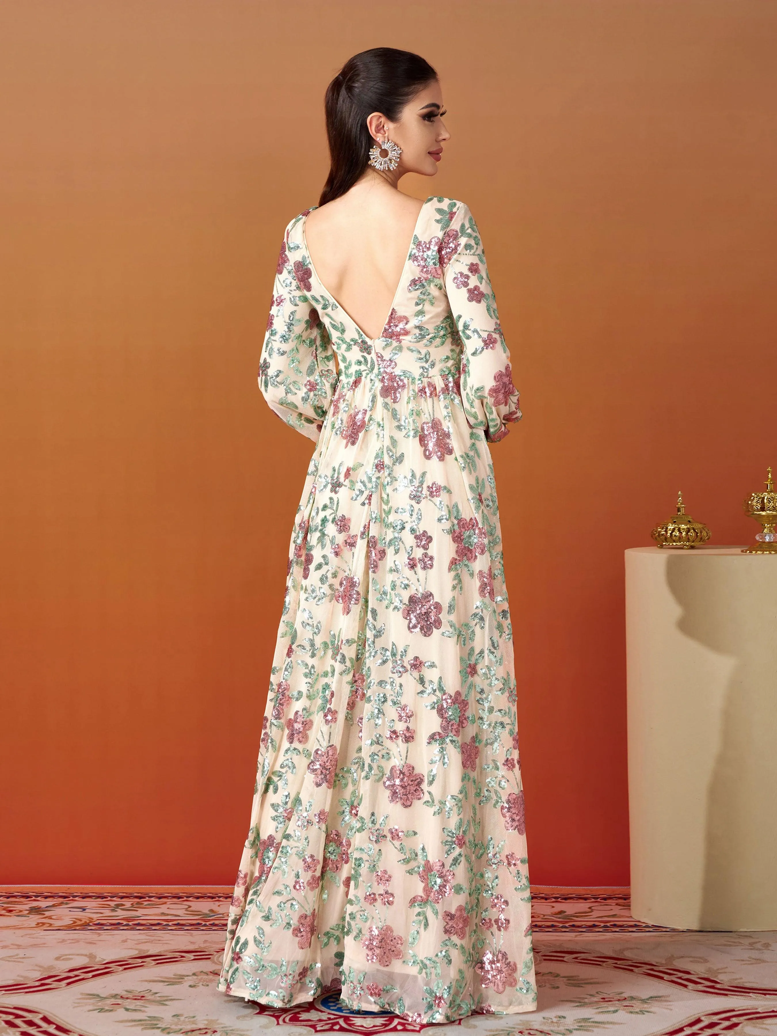 V-Neck Backless Tulle Apricot Prom Dress RJ10789