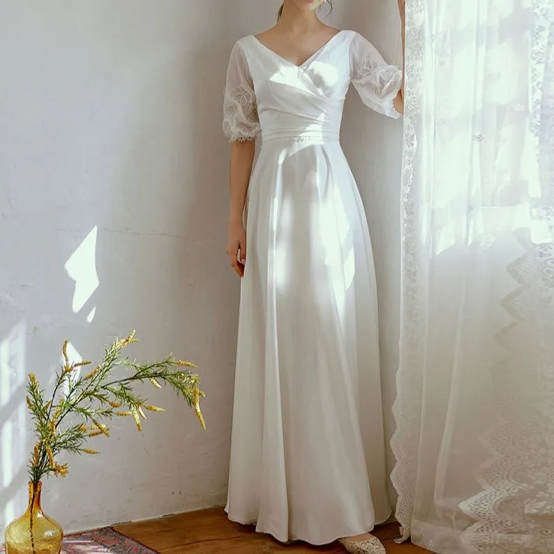 V-neck mid-sleeve wedding dress dream white dress