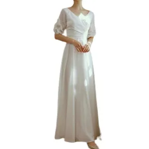 V-neck mid-sleeve wedding dress dream white dress