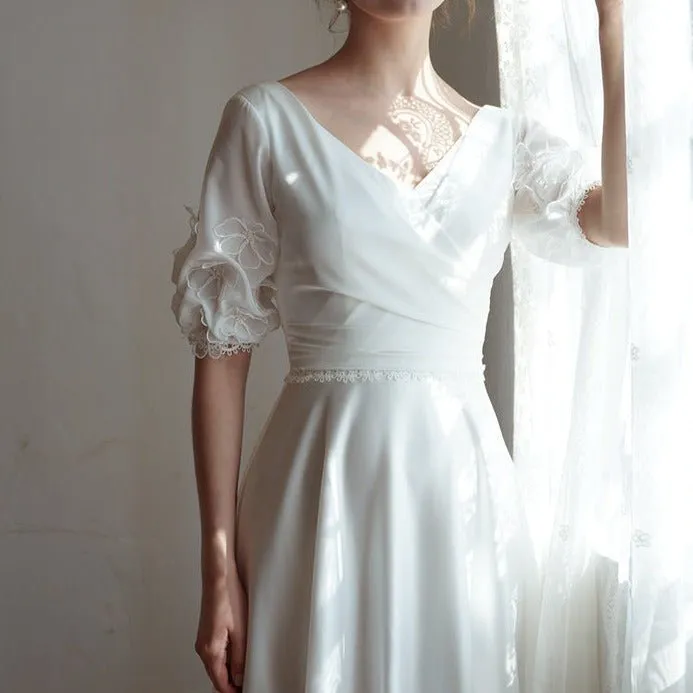 V-neck mid-sleeve wedding dress dream white dress