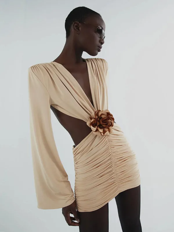 V-neck Mini Dress with Floral Embellishment and Ruched Pleats