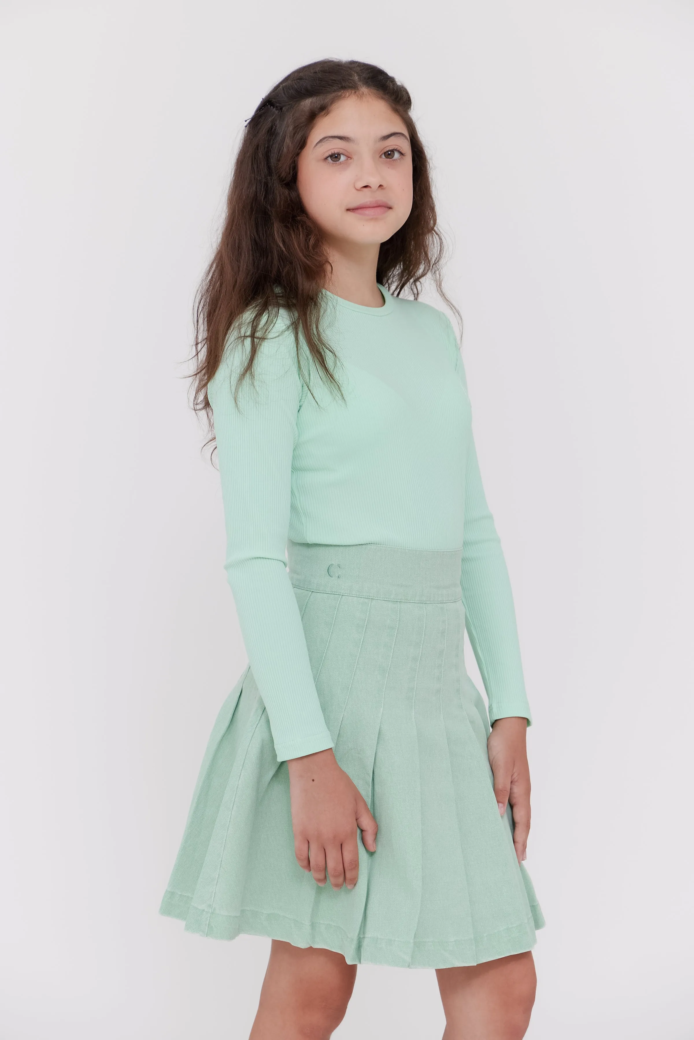 Waisted green pleated skirt by Crew Basics