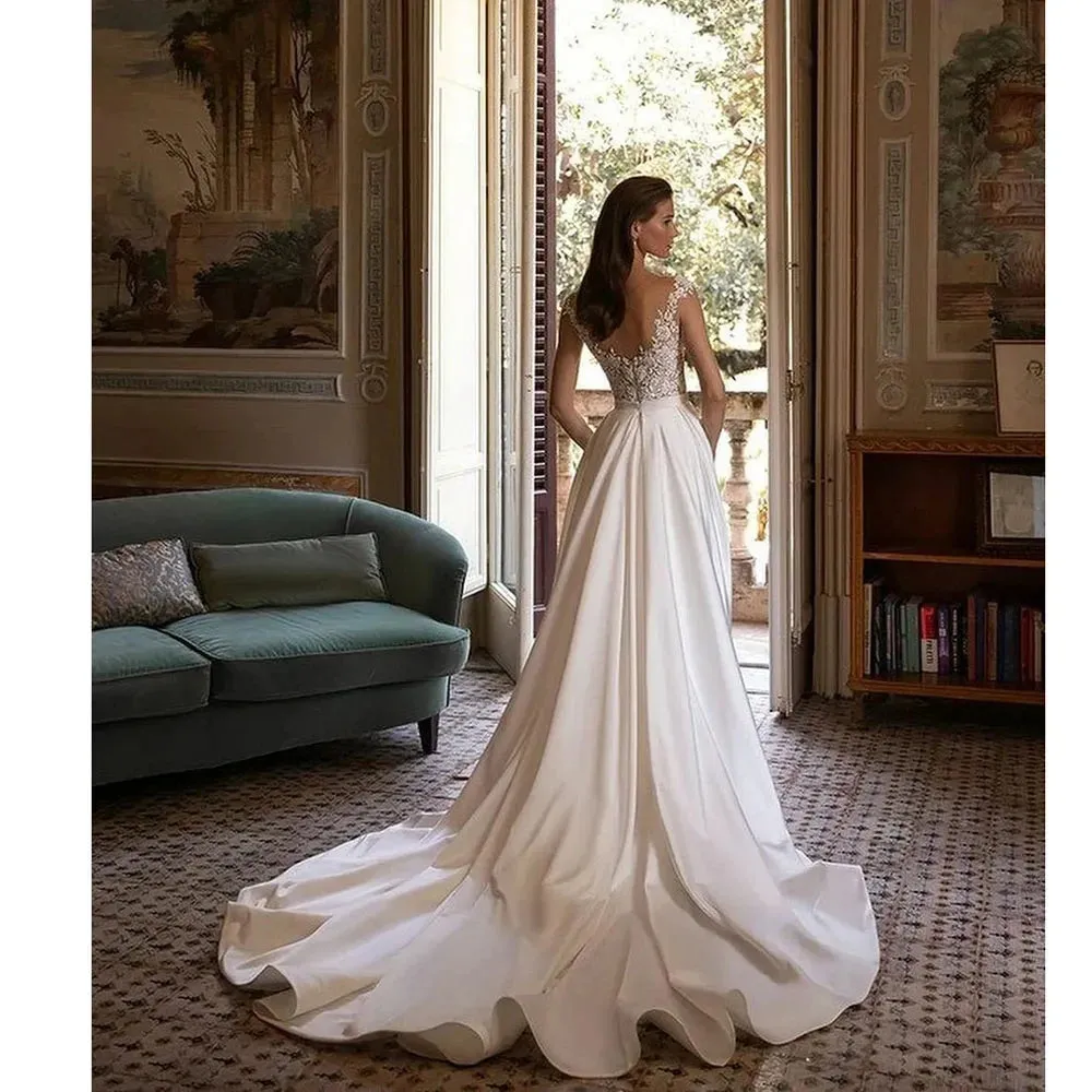 Wedding Dress Stain White Appliques Court Train Pleated Sweetheart Pleat Elegant Vestidos De Fiesta Elegantes Para Mujer