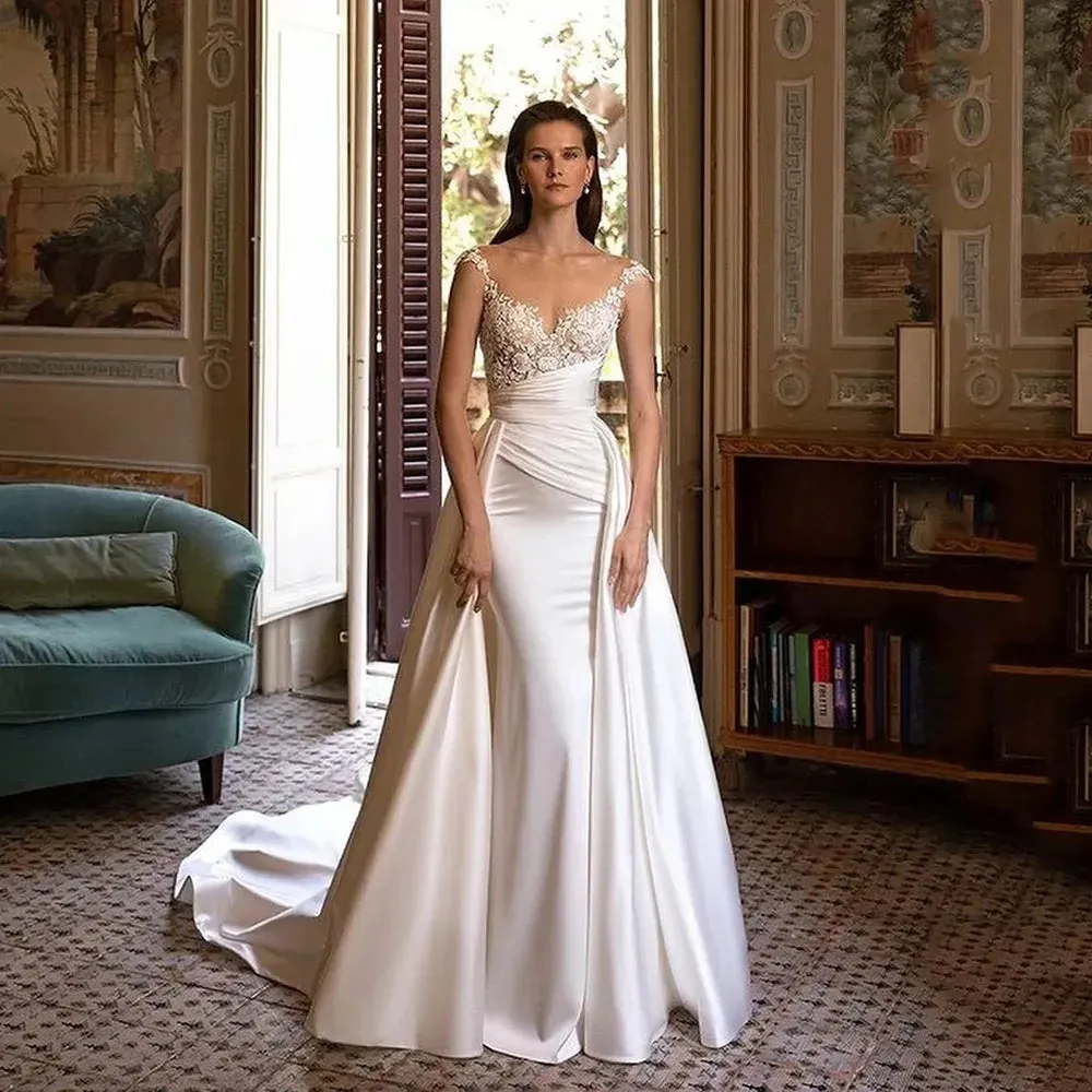 Wedding Dress Stain White Appliques Court Train Pleated Sweetheart Pleat Elegant Vestidos De Fiesta Elegantes Para Mujer