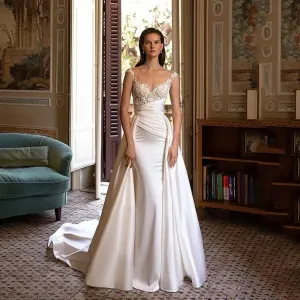 Wedding Dress Stain White Appliques Court Train Pleated Sweetheart Pleat Elegant Vestidos De Fiesta Elegantes Para Mujer