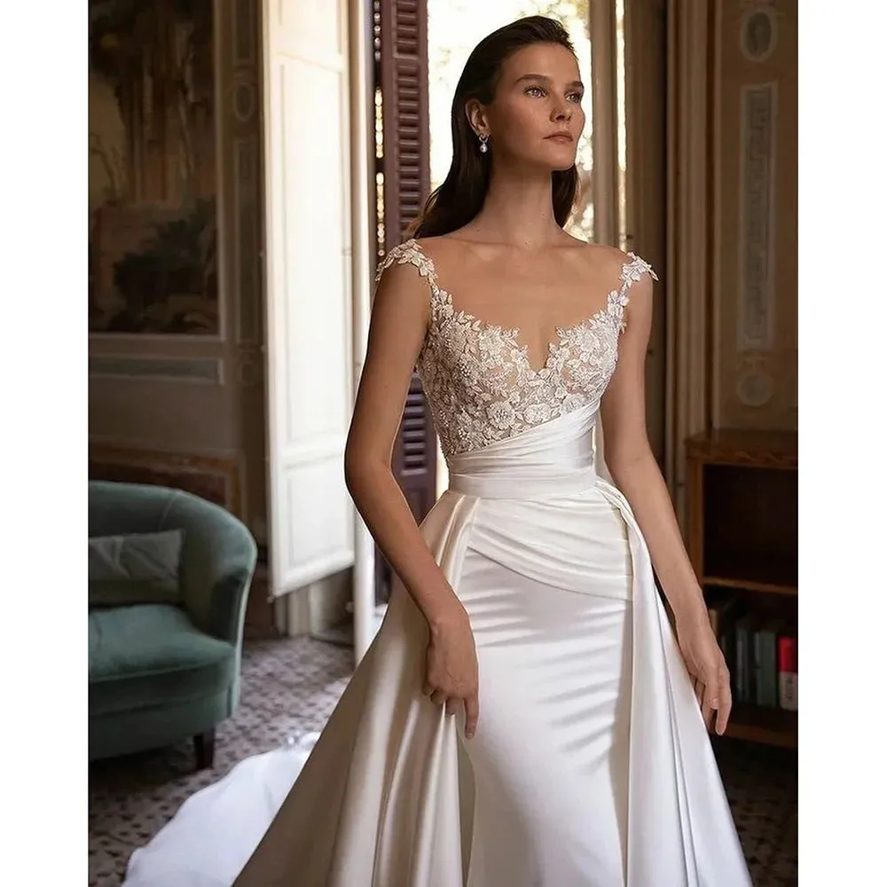 Wedding Dress Stain White Appliques Court Train Pleated Sweetheart Pleat Elegant Vestidos De Fiesta Elegantes Para Mujer