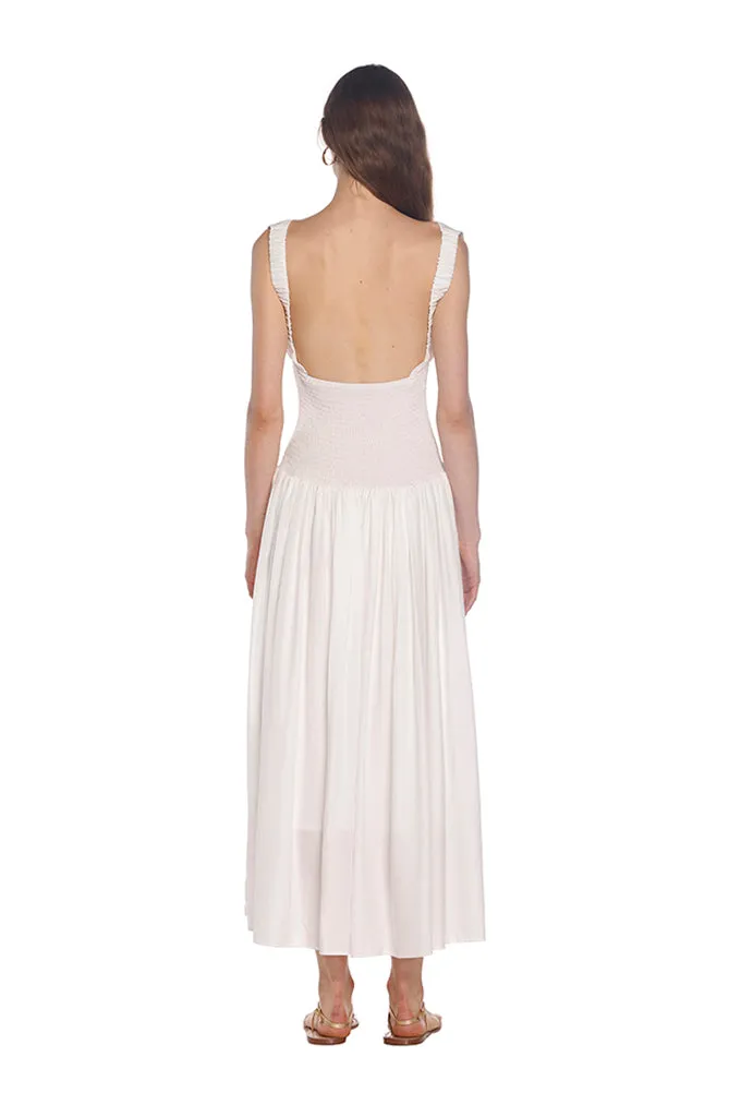 White Ruched Backless Dress