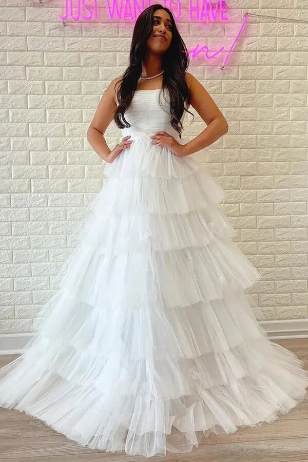 White Tulle Tiered A-line Strapless Prom Dresses, Party Dress With Ruffles, MP802