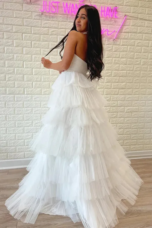 White Tulle Tiered A-line Strapless Prom Dresses, Party Dress With Ruffles, MP802