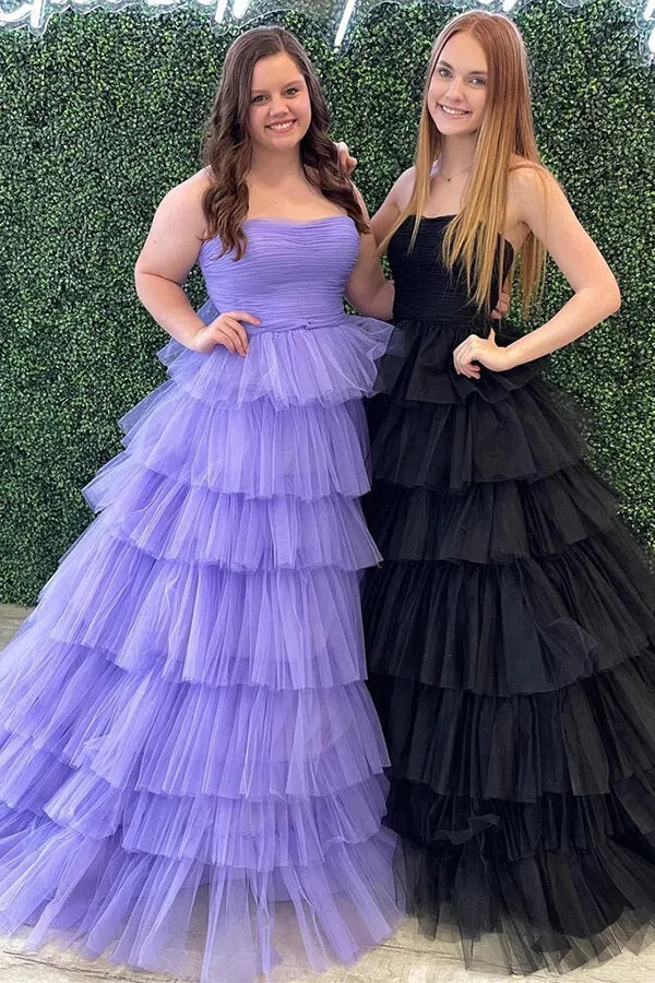 White Tulle Tiered A-line Strapless Prom Dresses, Party Dress With Ruffles, MP802