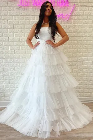 White Tulle Tiered A-line Strapless Prom Dresses, Party Dress With Ruffles, MP802