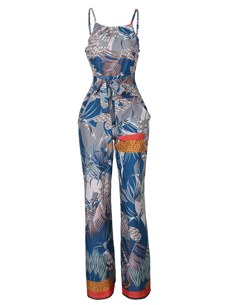 Wide Leg Overalls Tropical Print Spaghetti Strap Jumpsuit