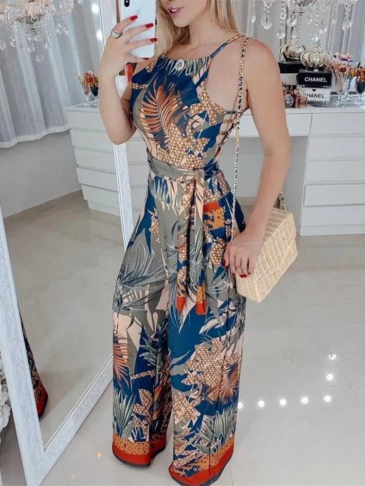 Wide Leg Overalls Tropical Print Spaghetti Strap Jumpsuit