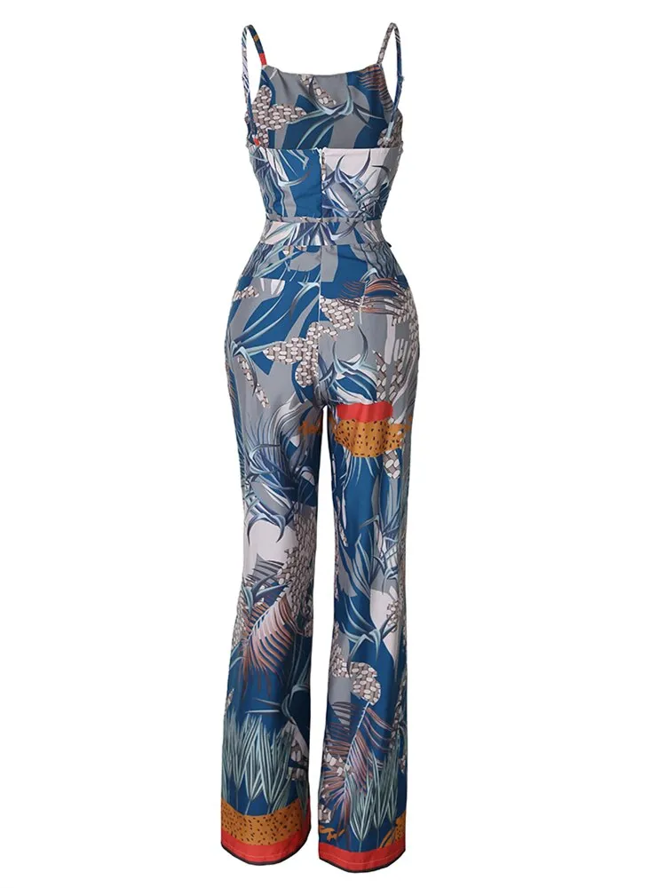 Wide Leg Overalls Tropical Print Spaghetti Strap Jumpsuit