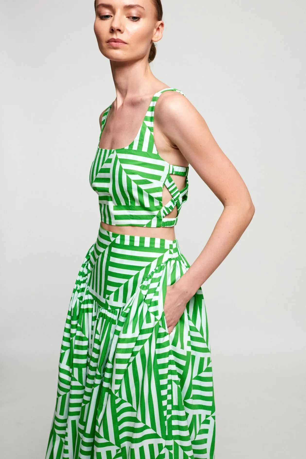 Wide Strap Crop | High Waisted Basque Midi Skirt