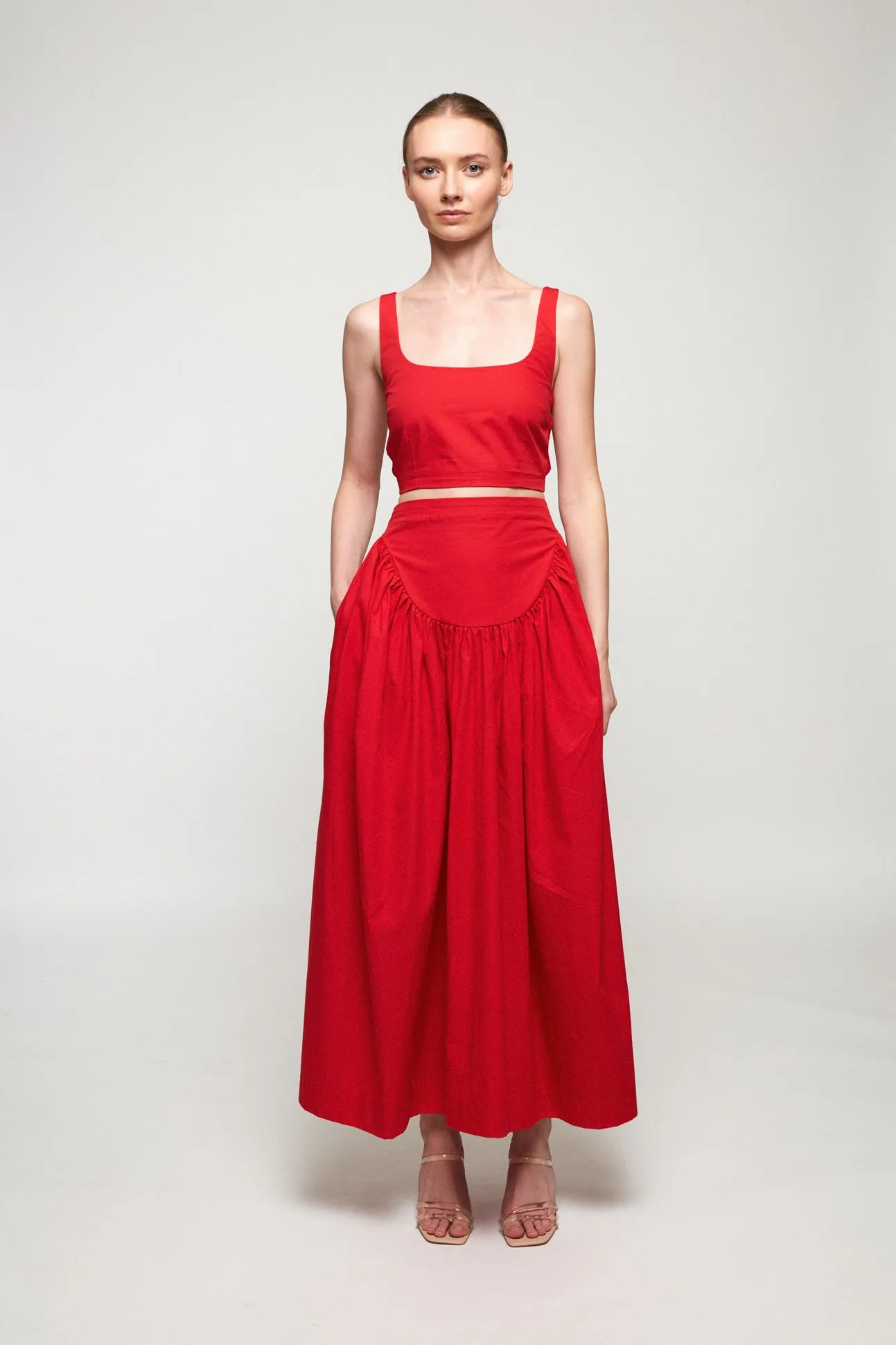 Wide Strap Crop | High Waisted Basque Midi Skirt