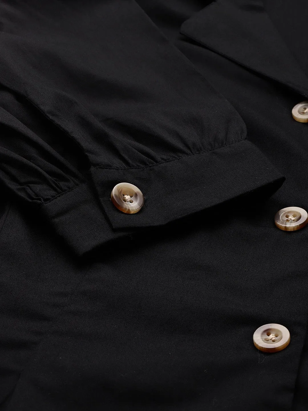 Women Black Solid Pleated Pure Cotton Formal Shirt