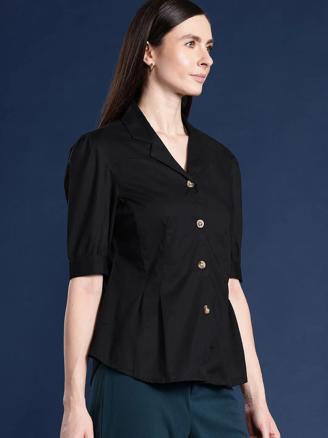 Women Black Solid Pleated Pure Cotton Formal Shirt