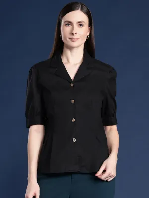 Women Black Solid Pleated Pure Cotton Formal Shirt
