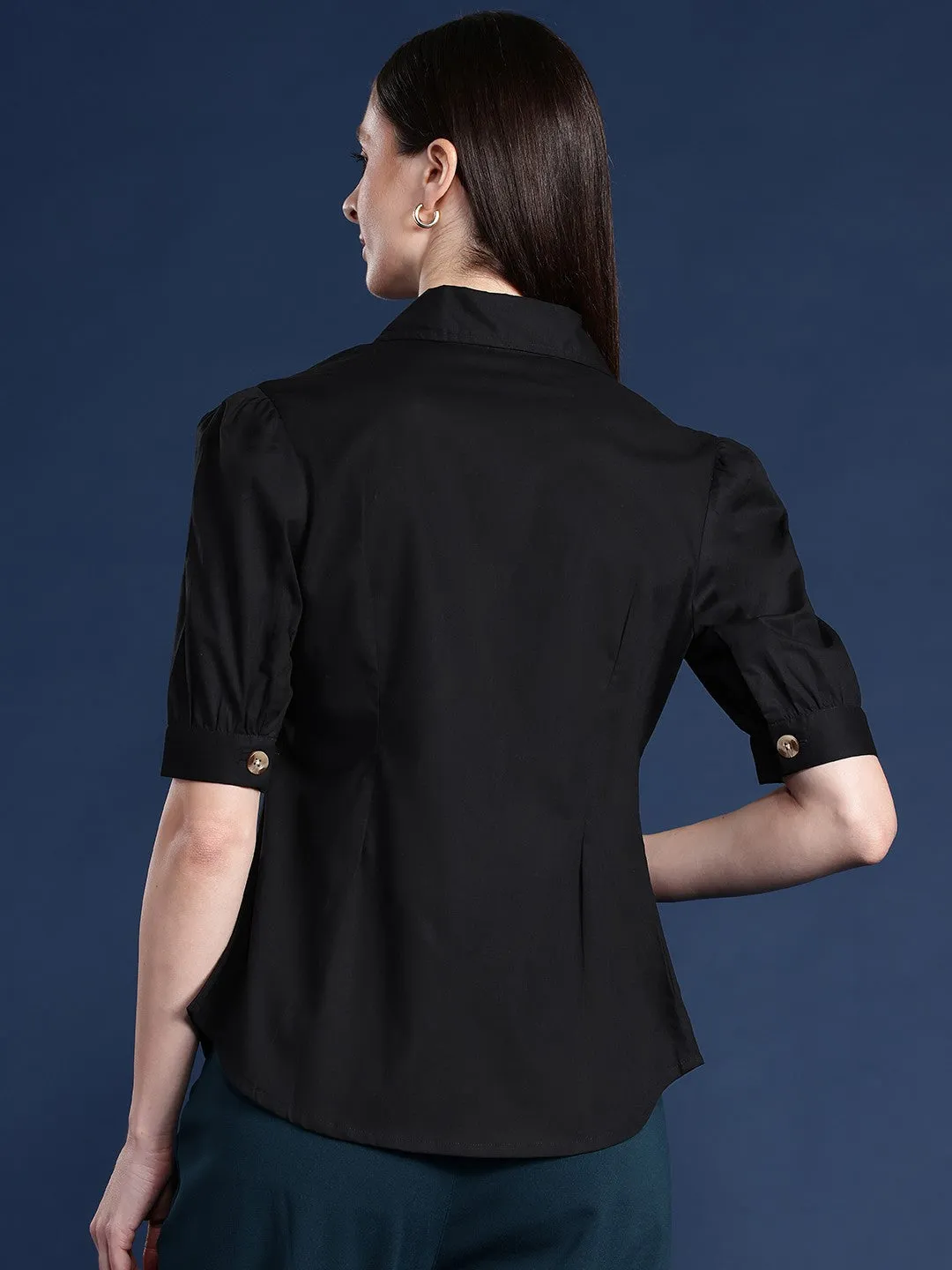 Women Black Solid Pleated Pure Cotton Formal Shirt