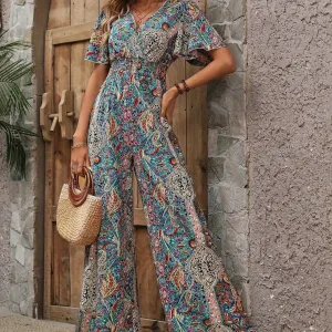 Women Jumpsuit, Elegant Short Sleeve Shirred Waist Wide Leg Jumpsuits