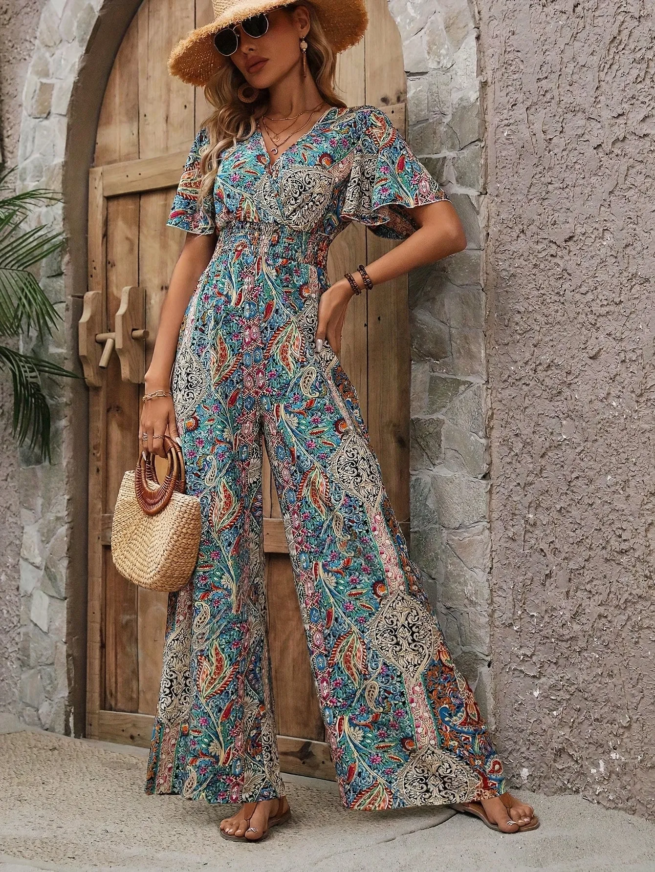 Women Jumpsuit, Elegant Short Sleeve Shirred Waist Wide Leg Jumpsuits
