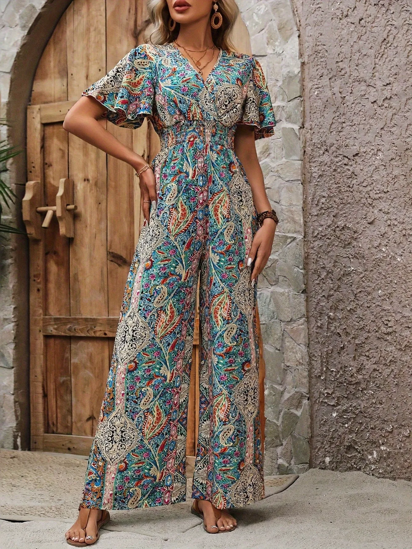 Women Jumpsuit, Elegant Short Sleeve Shirred Waist Wide Leg Jumpsuits
