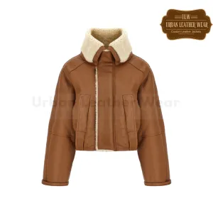 Women Shearling Pea Coat Fur Brown