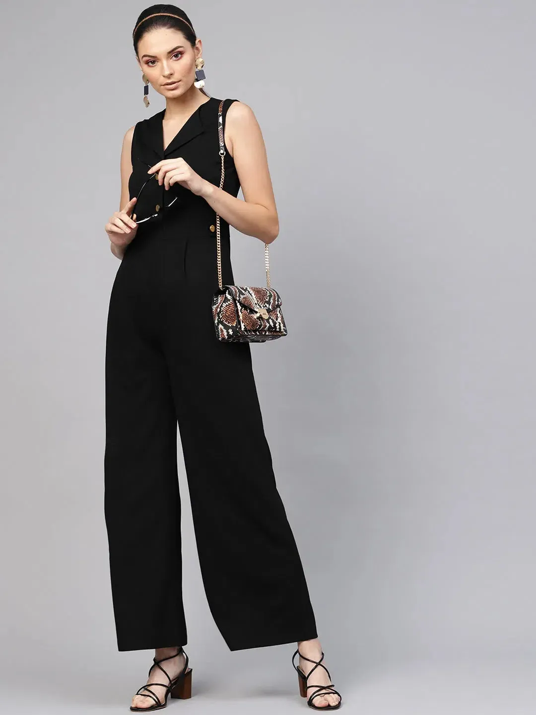 Women Solid Standard Black Jumpsuits & Sets