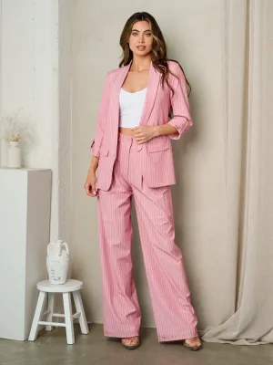 WOMEN'S 3/4 SLEEVES BLAZER & WIDE LEG PANTS STRIPES 2PC. SET
