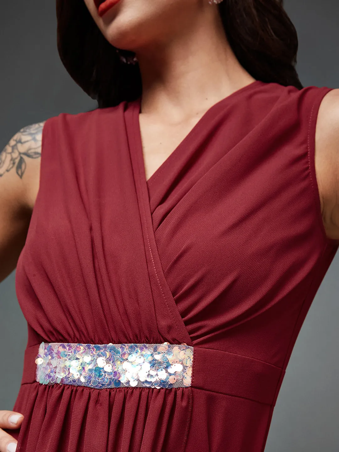 Women's Cocktail Maroon V-Neck Sleeveless Sequined Party Wrap Jumpsuit
