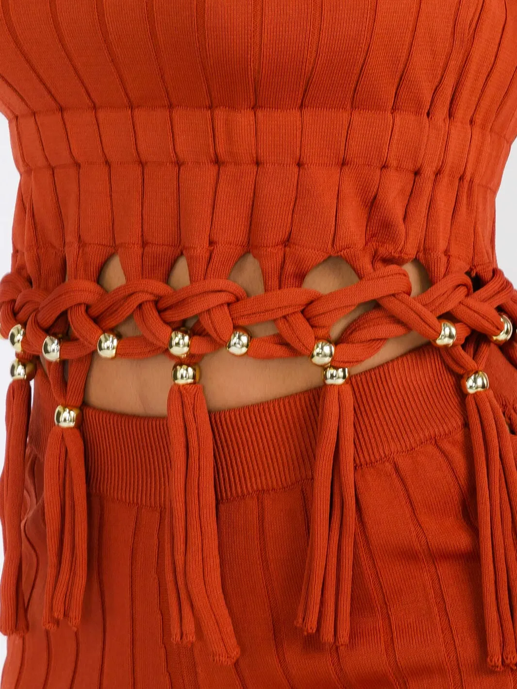 WOMEN'S CROP TOP & PANTS RIBBED FRINGE DETAILED KNIT 2PC. SET