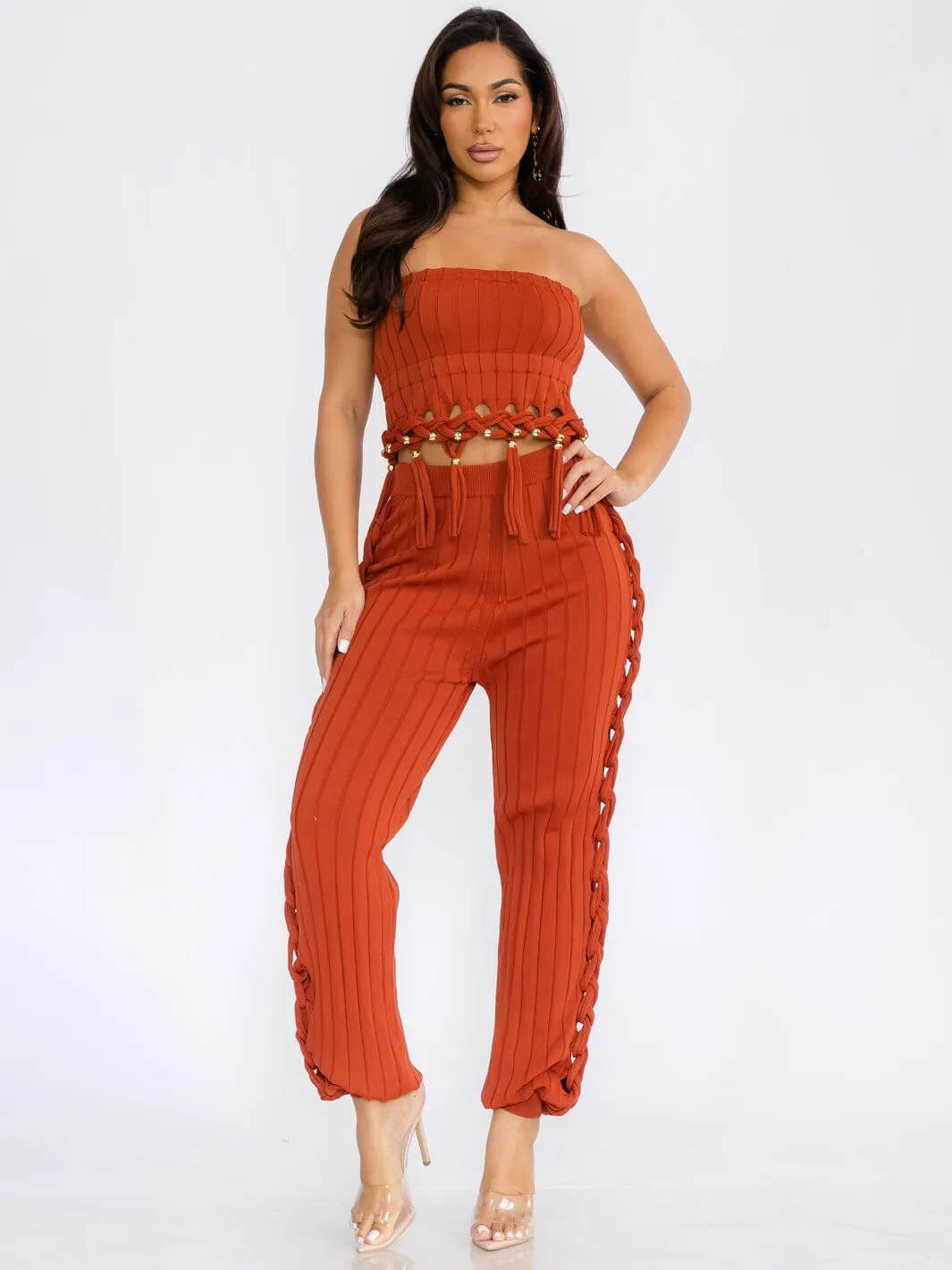 WOMEN'S CROP TOP & PANTS RIBBED FRINGE DETAILED KNIT 2PC. SET
