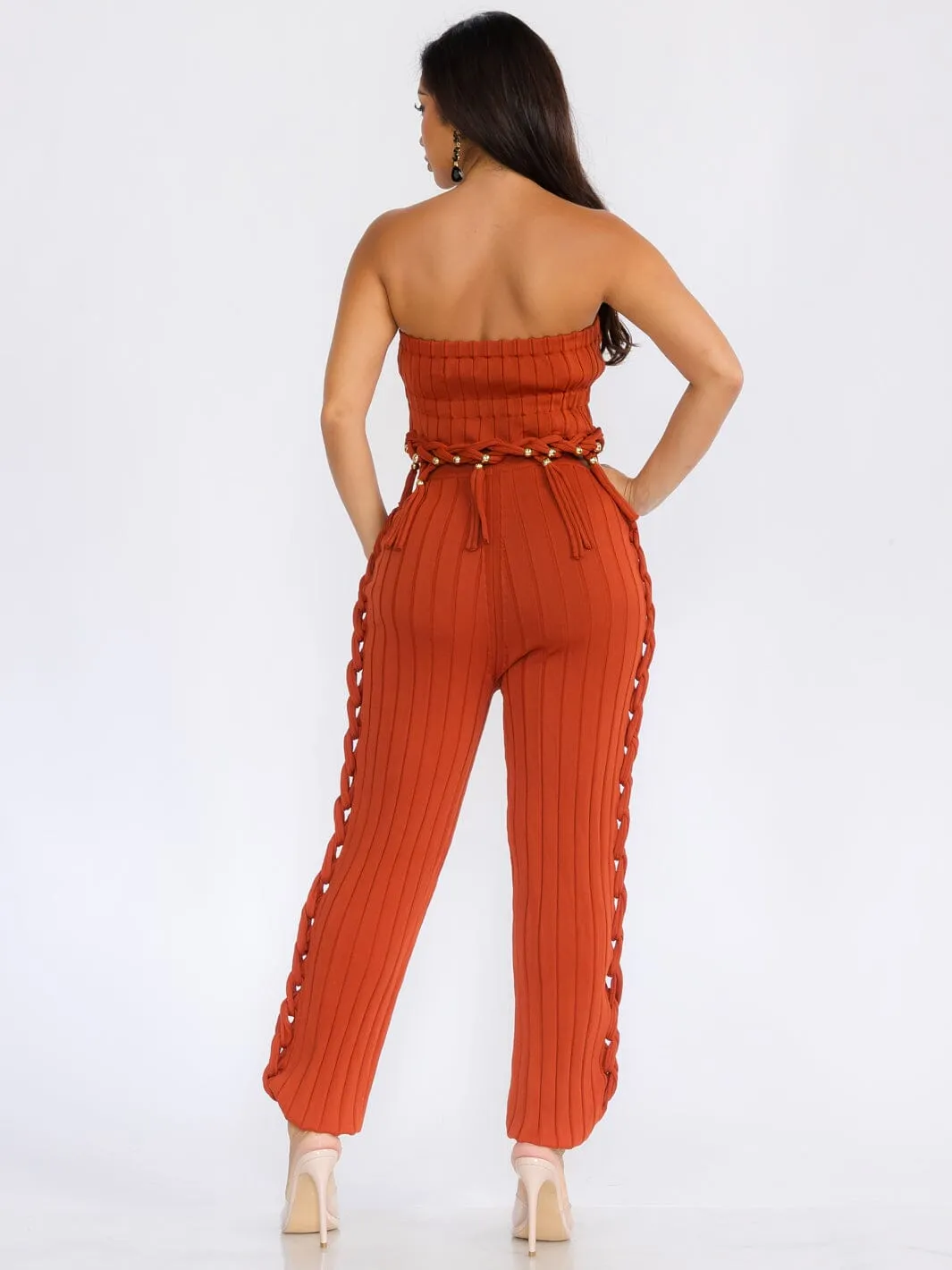 WOMEN'S CROP TOP & PANTS RIBBED FRINGE DETAILED KNIT 2PC. SET