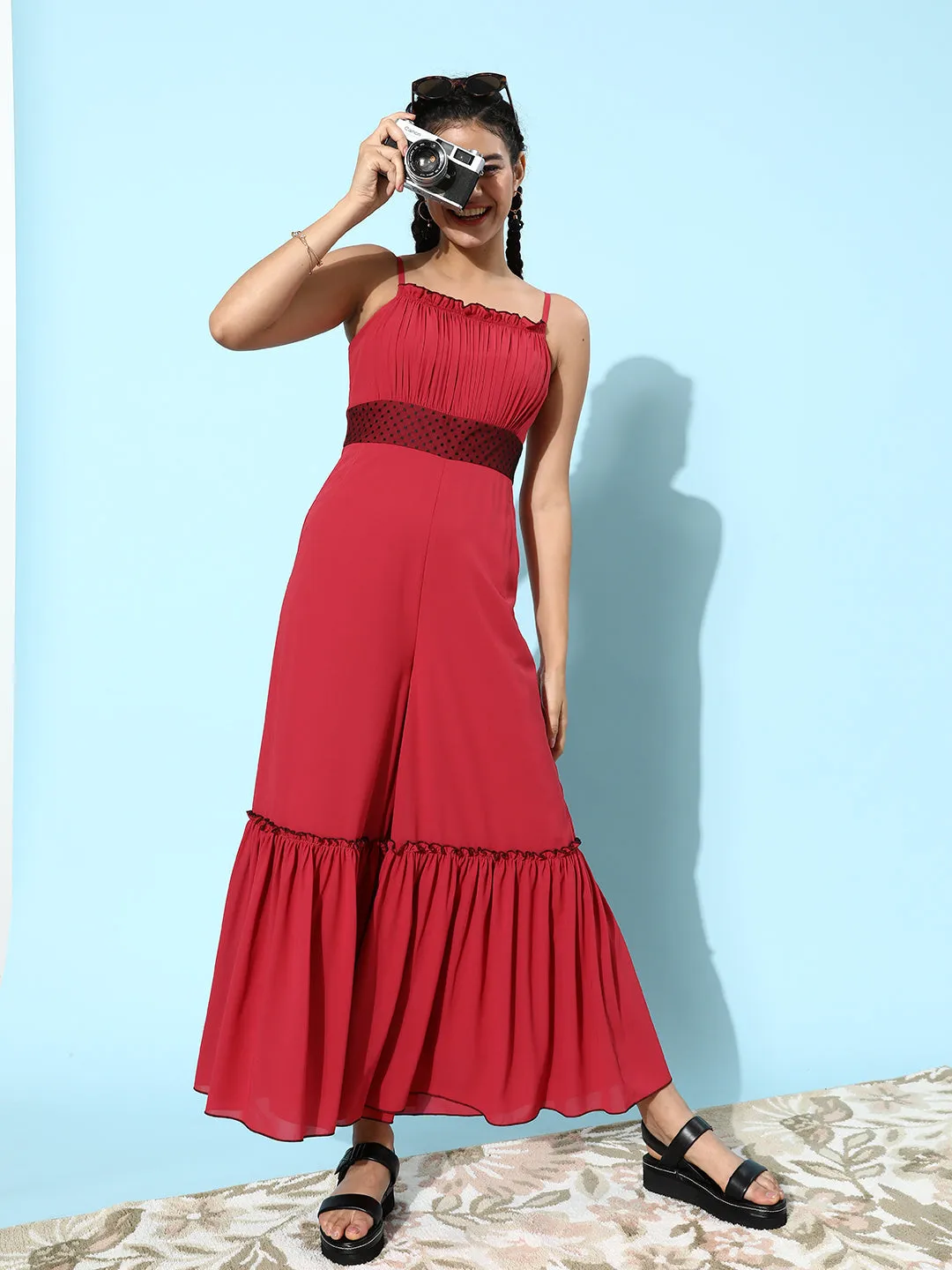 Women's Dark Pink Square Sleeveless Solid Ruffled Ankle Length Jumpsuit