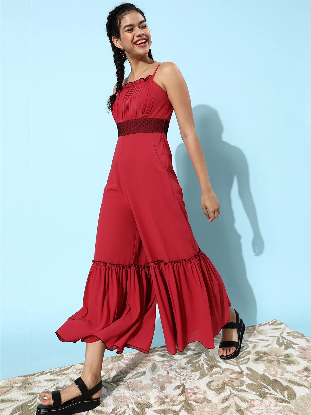 Women's Dark Pink Square Sleeveless Solid Ruffled Ankle Length Jumpsuit