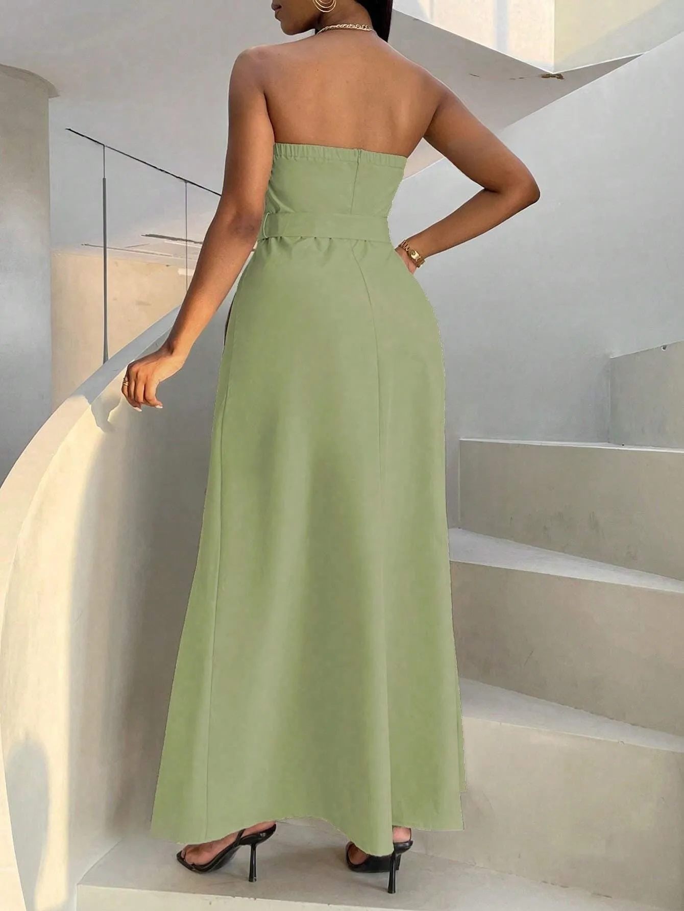 Women's Double-breasted Strapless Dress With Waist Belt