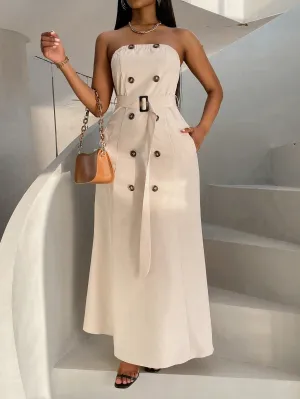 Women's Double-breasted Strapless Dress With Waist Belt